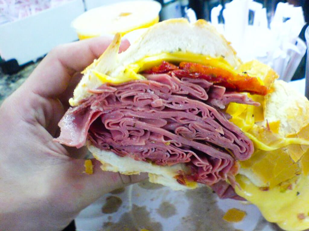 Mortadella sandwich in municipal market in Sao Paulo